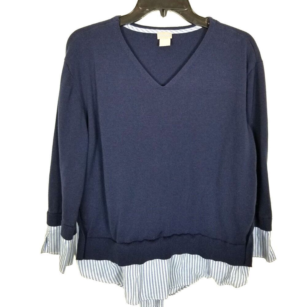 Chico's Women Striped Layer Sweater Sz L Navy Blue White V Neck Preppy Pullover